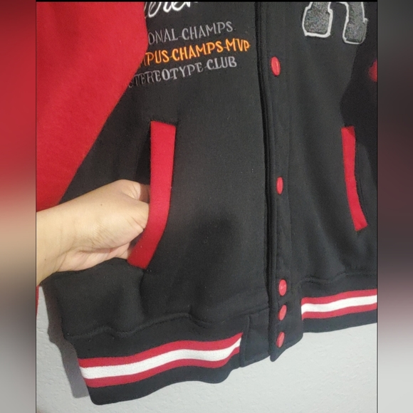 Riflessi Juniors Varsity Fleece Bomber Jacket S Snapped Black/ Red Cotton Blend - Picture 6 of 16